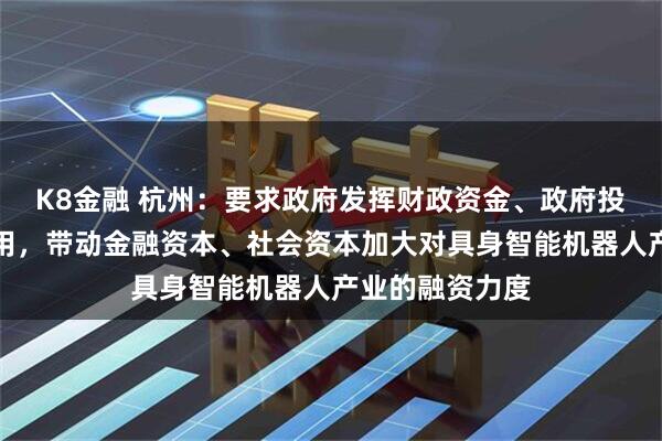 K8金融 杭州：要求政府发挥财政资金、政府投资基金引导作用，带动金融资本、社会资本加大对具身智能机器人产业的融资力度